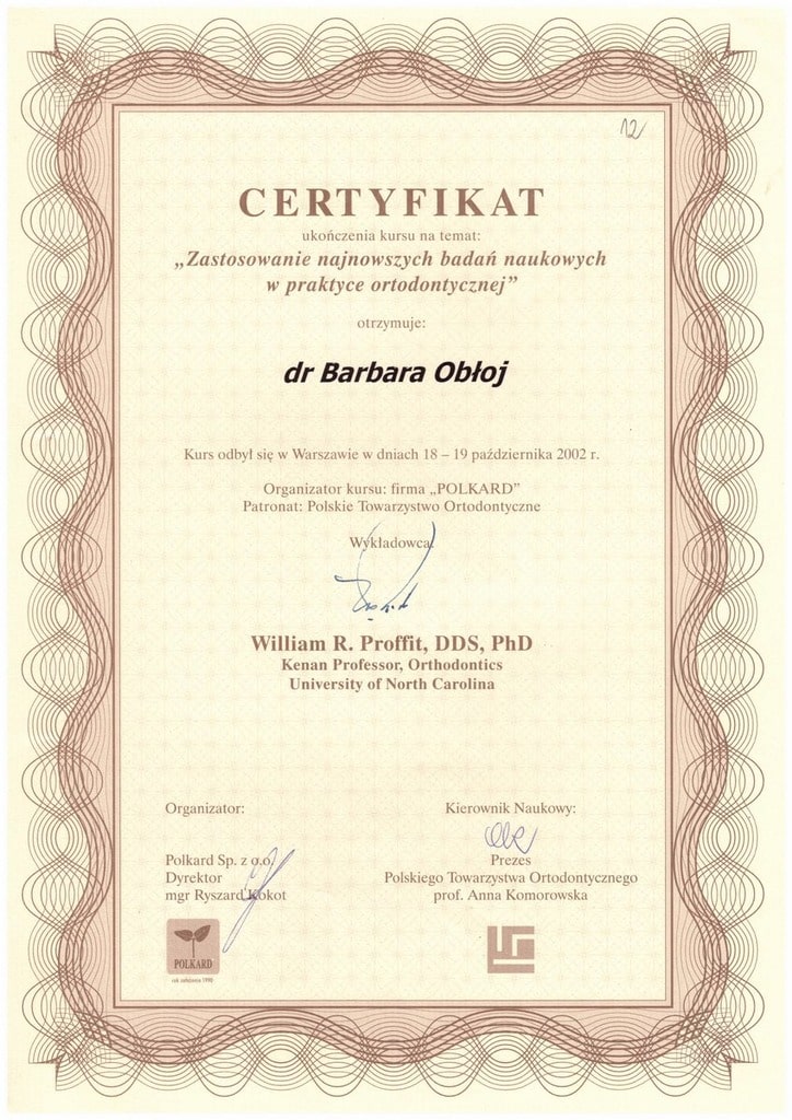 dr n. med. Barbara Obłoj certyfikat zaświadczenie